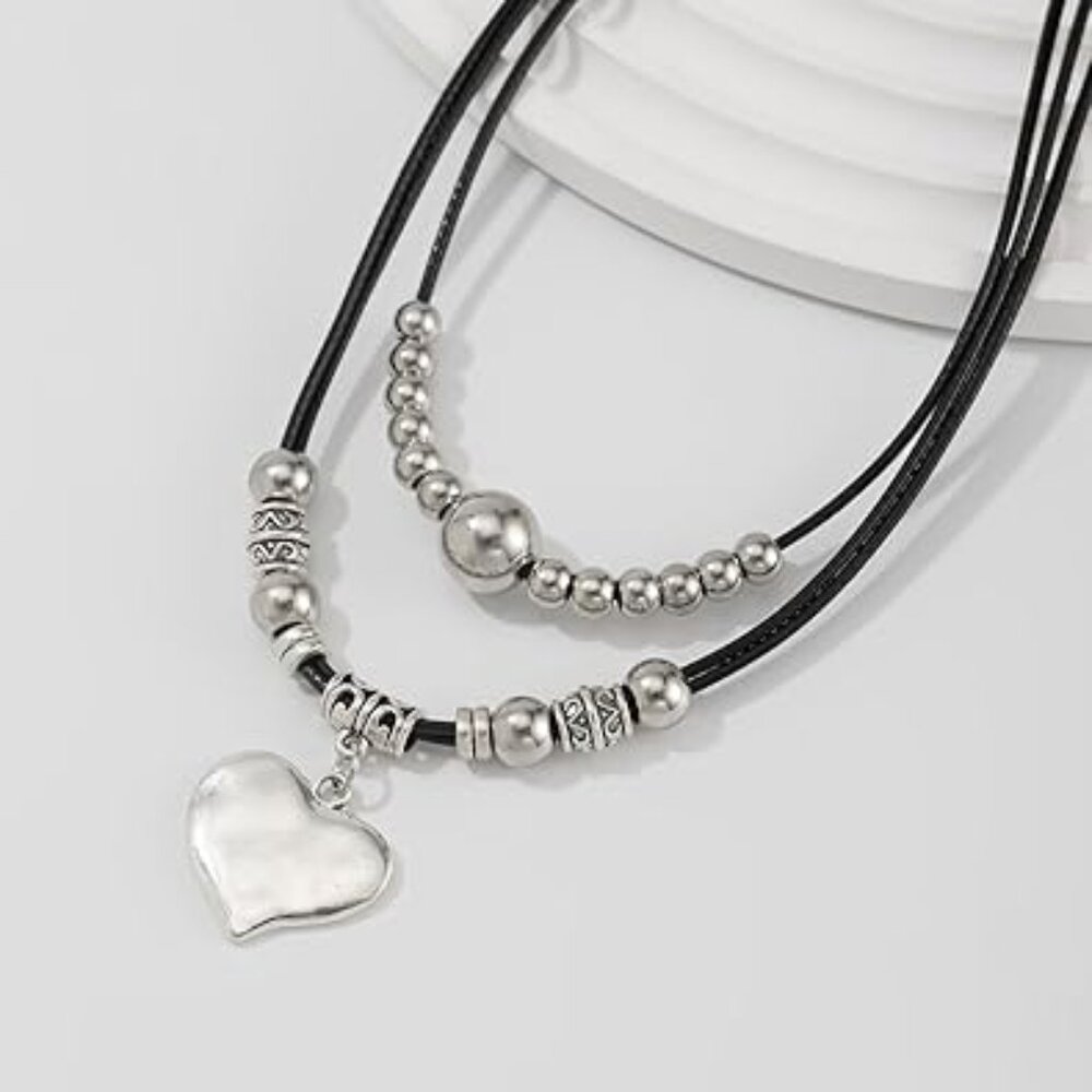 Boho Necklace‎ for Women Layered Silver Heart with lots of Beads